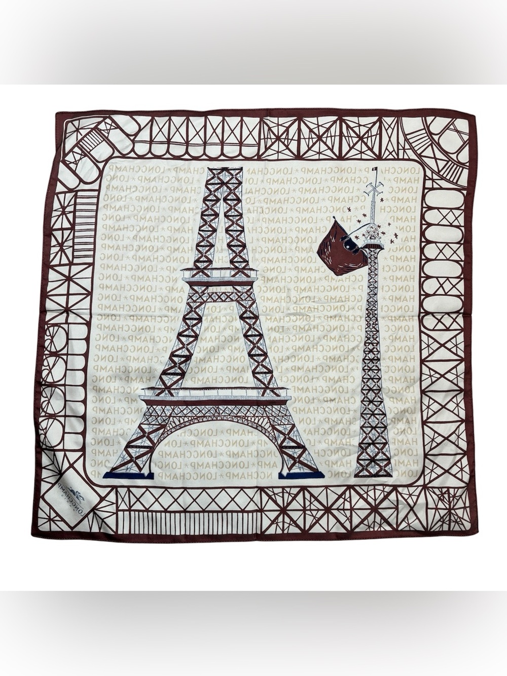 Longchamp Paris Gavroche 100% Silk Brown & Cream Eiffel Tower Print Scarf - Picture 2 of 7